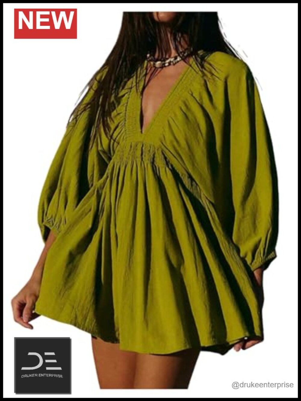 Deep V Neck Lantern Sleeve Tunic Dress A Line Ruffle Mini